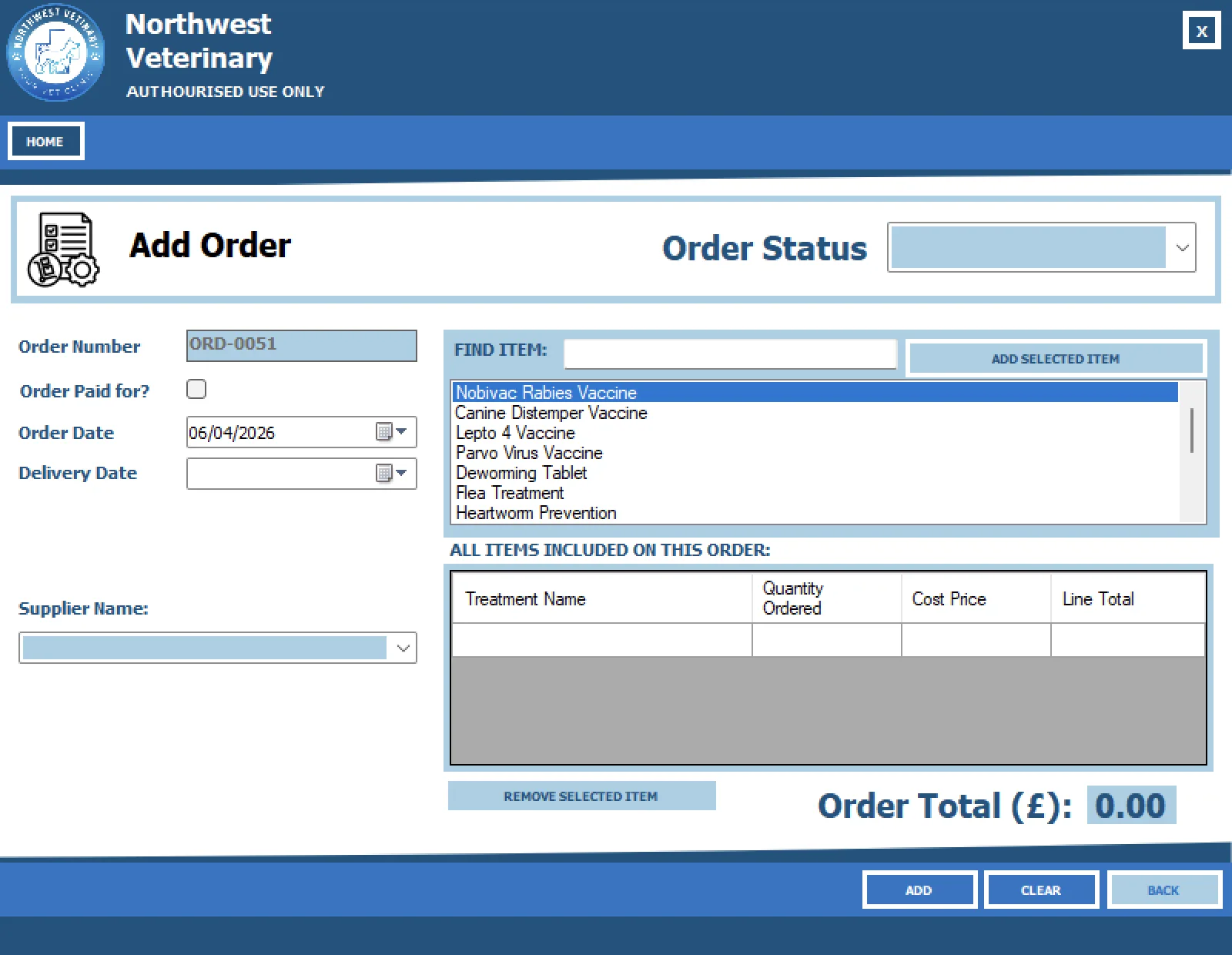 Northwest Veterinary add order screen