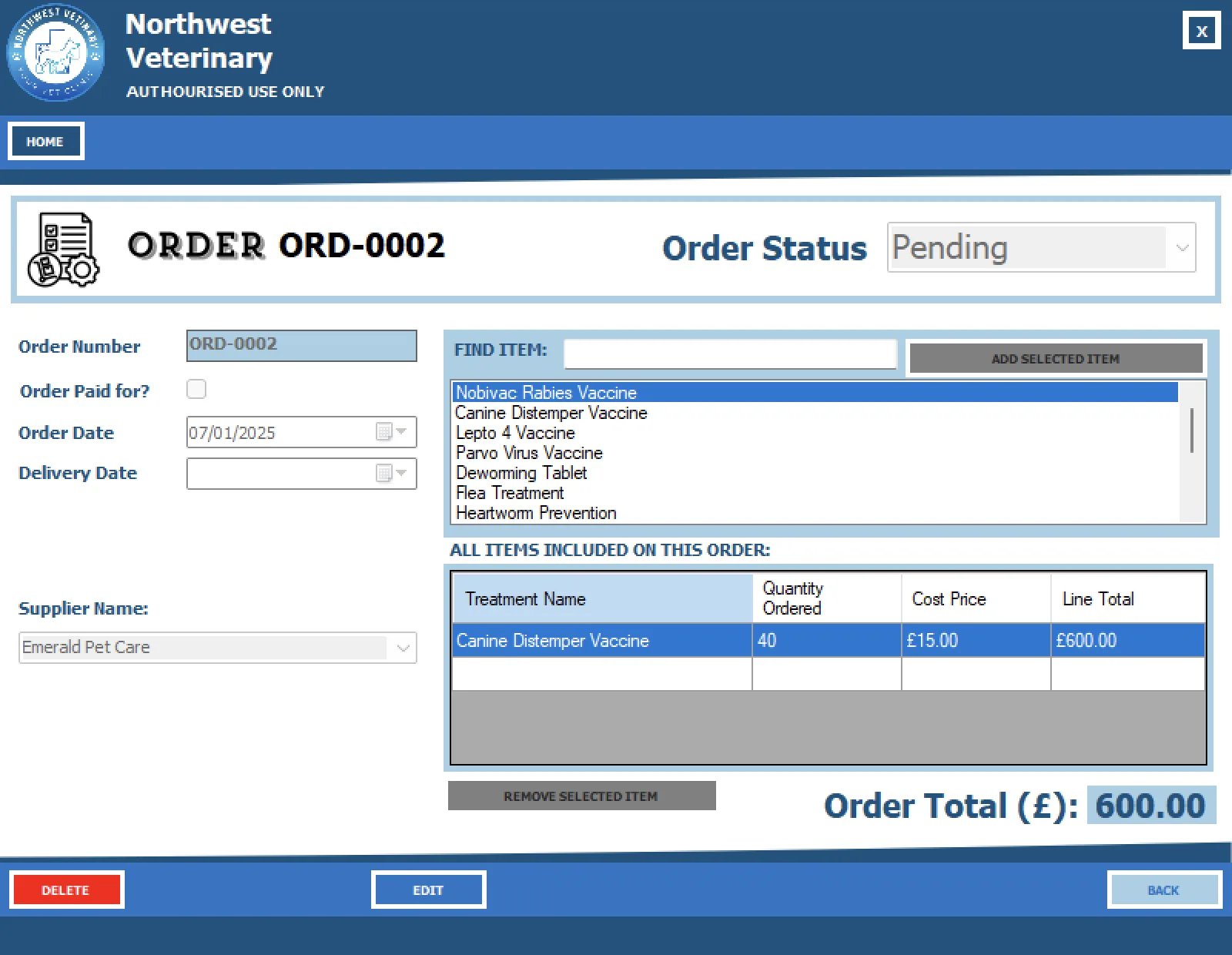 Northwest Veterinary orders list